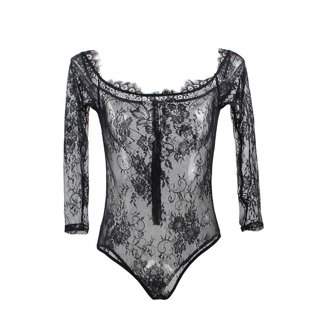 Male Sex Toys Own Pleasures Up to 5XL Romper Playsuit Off Shoulder Eyelash Lace Long Sleeve Long Sleeve
