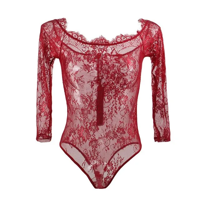 Male Sex Toys Own Pleasures Up to 5XL Romper Playsuit Off Shoulder Eyelash Lace Long Sleeve Long Sleeve