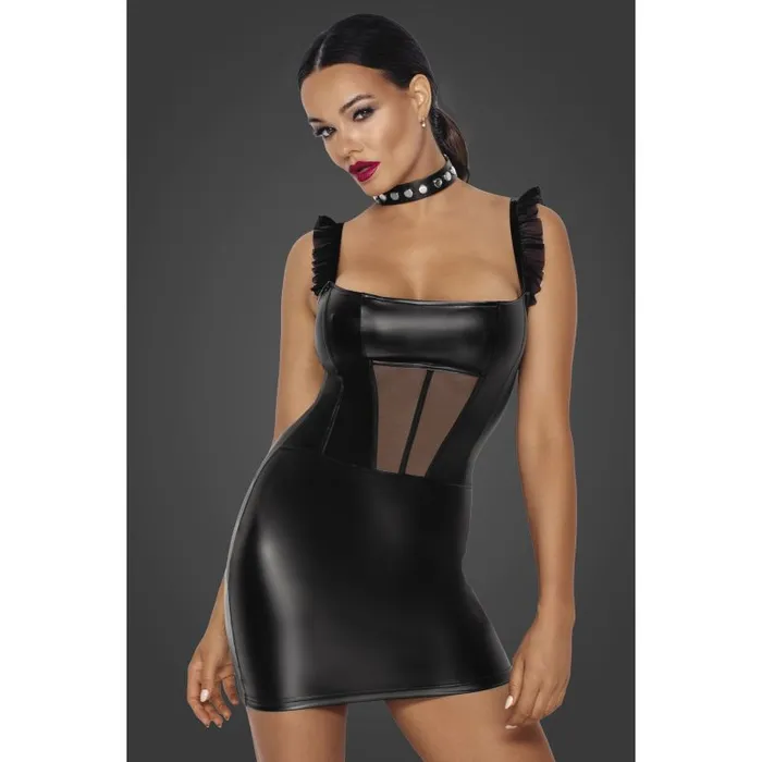 Anal Noir Power Wetlook Short Dress w Front Tulle Inserts Large Black