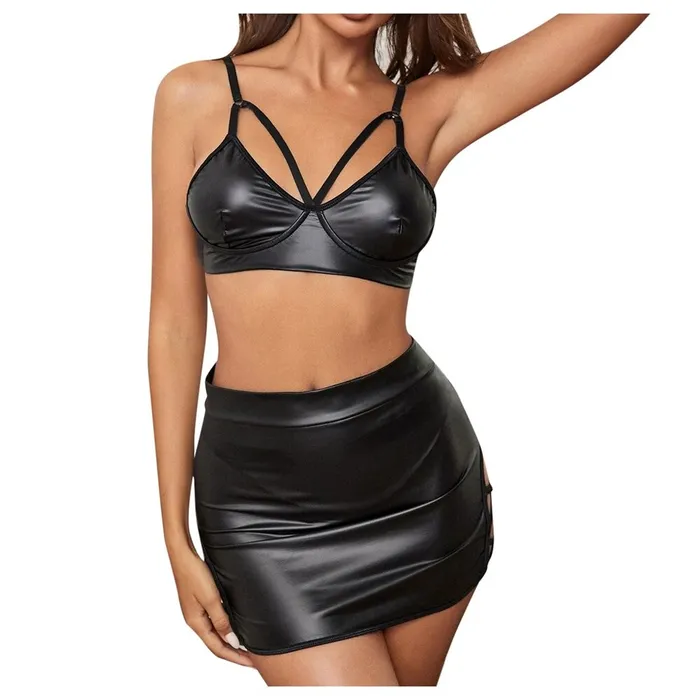 Erotic PU Leather Lingerie with Mini Skirt Womens Underwear Sets Black Sexy Bodysuit EVEs SECRETS Restraints Erotic PU Leather Lingerie with Mini Skirt Womens Underwear Sets Black Sexy Bodysuit EVEs SECRETS Restraints