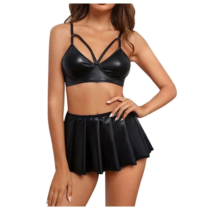 Erotic PU Leather Lingerie with Mini Skirt Womens Underwear Sets Black Sexy Bodysuit EVEs SECRETS Restraints