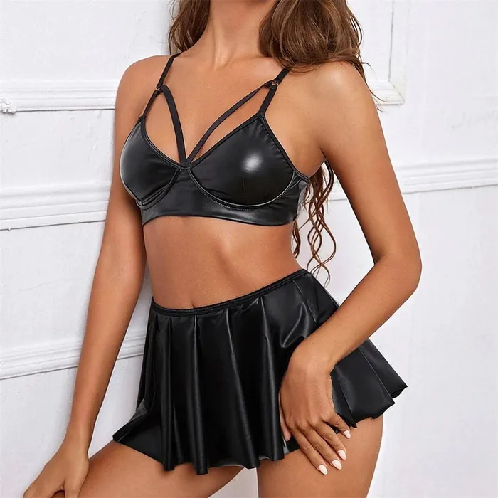 Erotic PU Leather Lingerie with Mini Skirt Womens Underwear Sets Black Sexy Bodysuit EVEs SECRETS Restraints