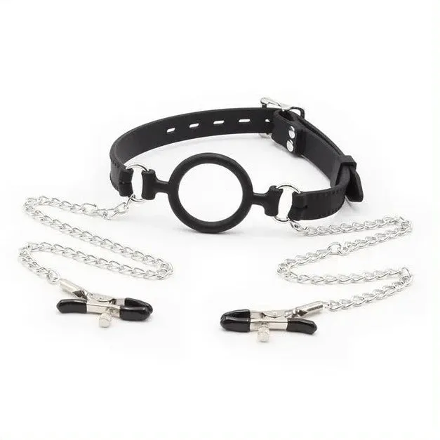 JOYGASMS Male Sex Toys JOYGASMS Silicone Adjustable Open Mouth ORing Gag with Lockable Closure Adjustable Alligator Tip Nipple Clamps with Link Chain