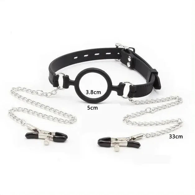 JOYGASMS Male Sex Toys JOYGASMS Silicone Adjustable Open Mouth ORing Gag with Lockable Closure Adjustable Alligator Tip Nipple Clamps with Link Chain