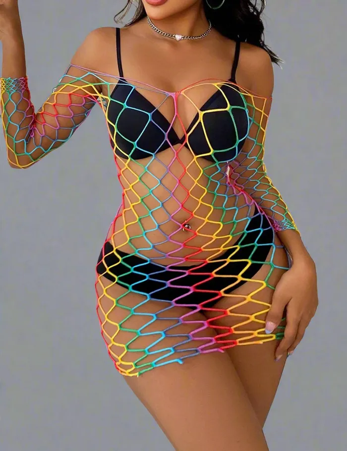 Rainbow Fishnet Mini Dress with Colourful Design Superior Comfort Scandals Lingerie Female Sex Toys Rainbow Fishnet Mini Dress with Colourful Design Superior Comfort Scandals Lingerie Female Sex Toys
