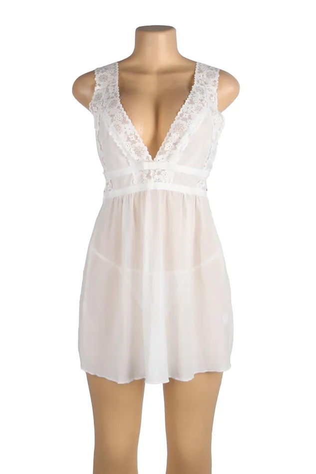 FRISKY BUSINESS SG Babydoll 2 Pcs White Deep Vneck Mesh Sexy Sleepwear Male Sex Toys
