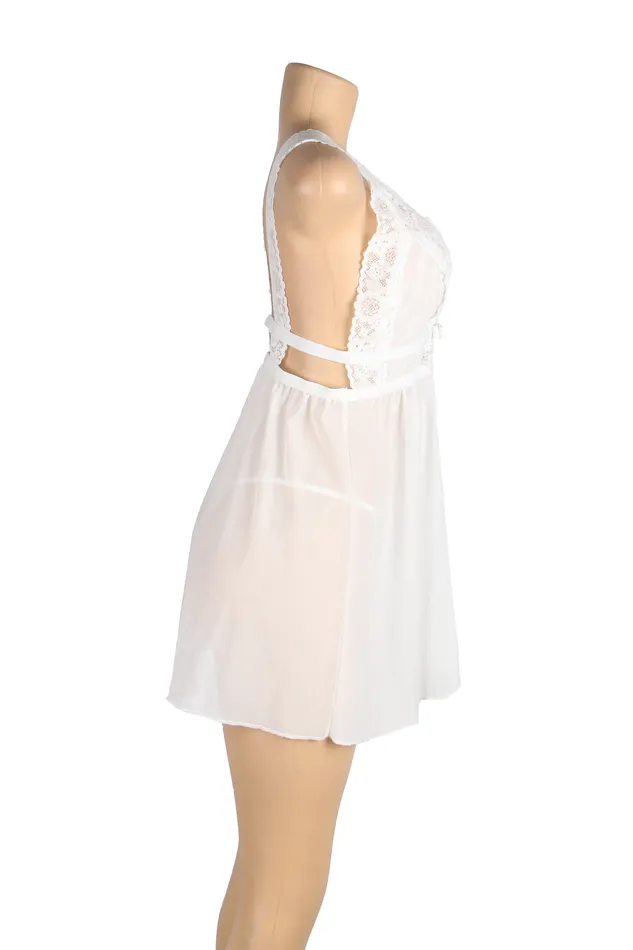 FRISKY BUSINESS SG Babydoll 2 Pcs White Deep Vneck Mesh Sexy Sleepwear Male Sex Toys