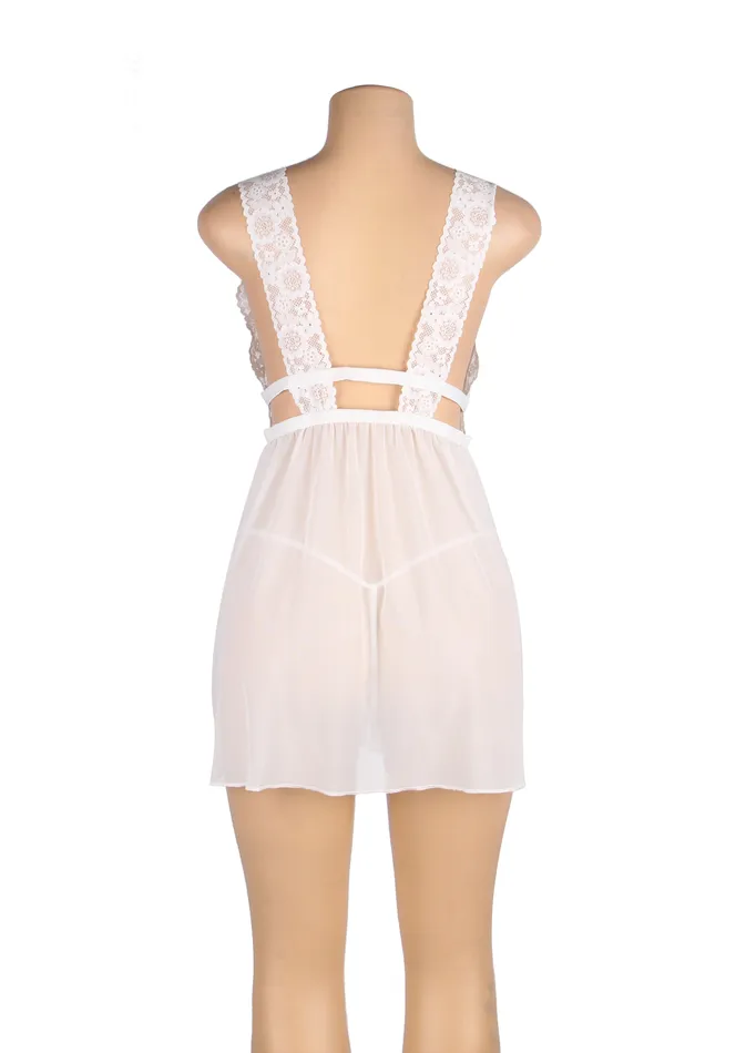 FRISKY BUSINESS SG Babydoll 2 Pcs White Deep Vneck Mesh Sexy Sleepwear Male Sex Toys