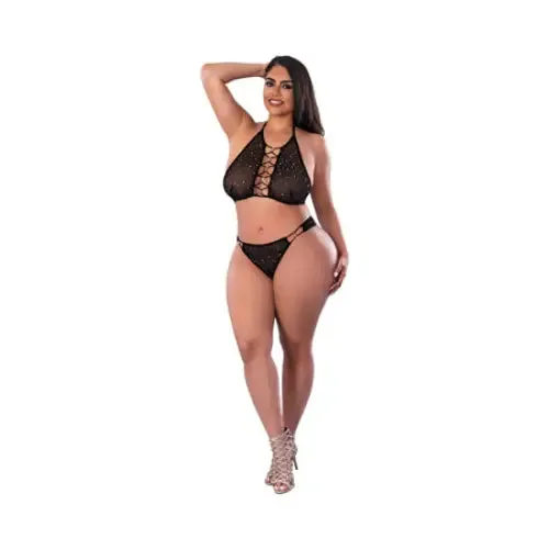 Magic Silk Anal Magic Silk Glitz Glam Halter Bralette and Panty Set Black Queen Size
