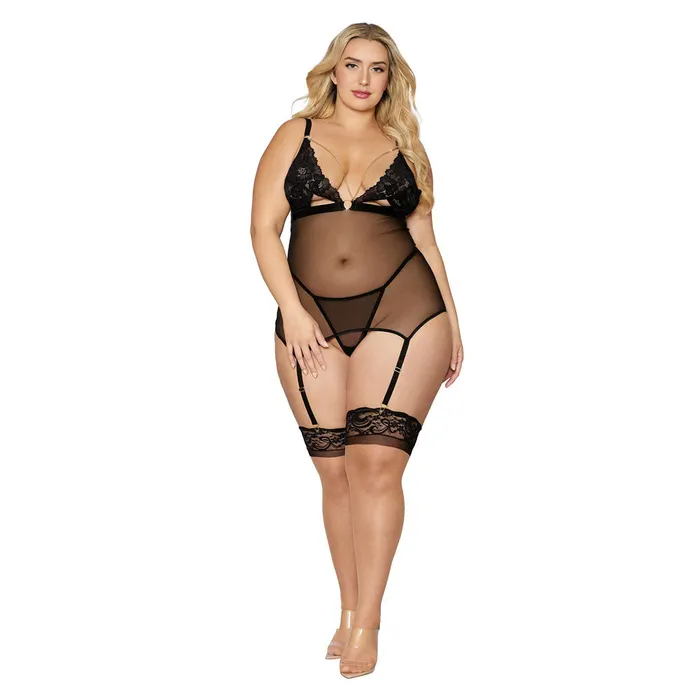 Dreamgirl Lingerie Lace and Mesh Garter Slip and Gstring Set Black 12712X DREAMGIRL Anal