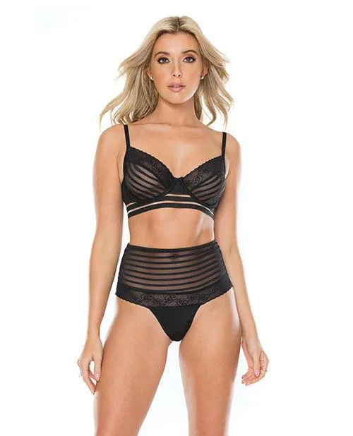 Anal Coquette International Striped Mesh Bra High Waist Thong Black