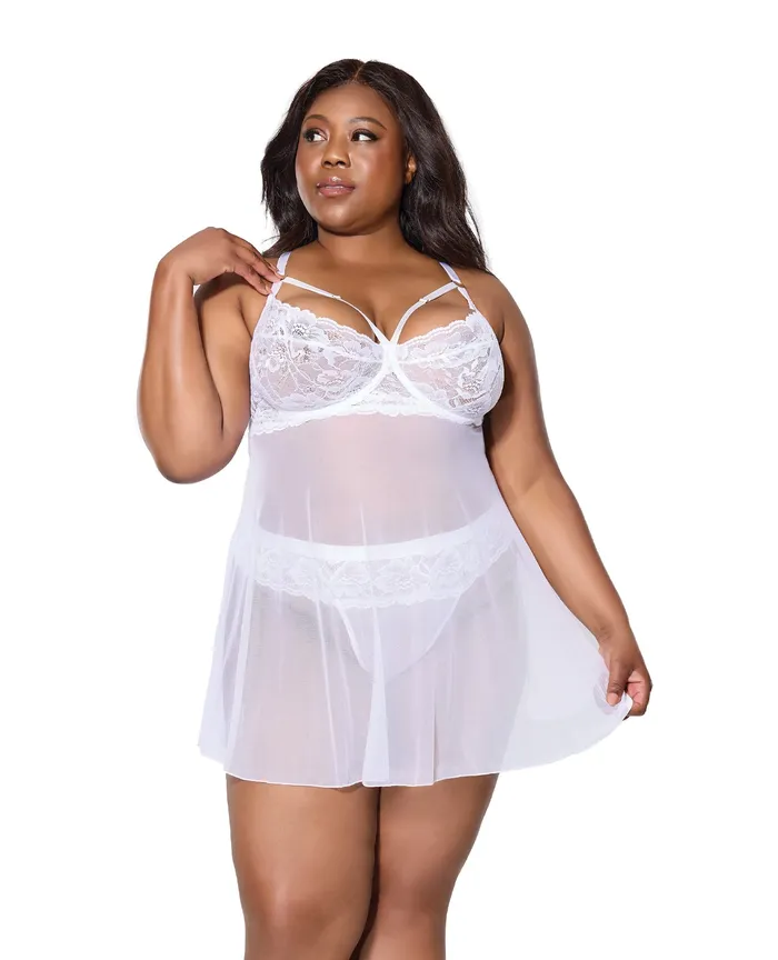 Teddies And Bodies Coquette International Scallop Stretch Lace Mesh Babydoll wThong White 1X2X Teddies And Bodies Coquette International Scallop Stretch Lace Mesh Babydoll wThong White 1X2X