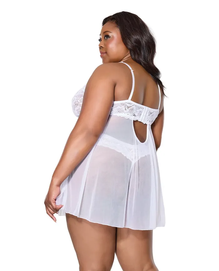 Teddies And Bodies Coquette International Scallop Stretch Lace Mesh Babydoll wThong White 1X2X