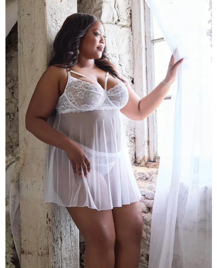 Teddies And Bodies Coquette International Scallop Stretch Lace Mesh Babydoll wThong White 1X2X