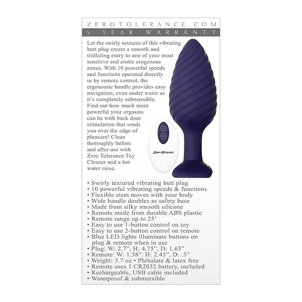 Zero Tolerance Wicked Twister Remote Control Rechargeable Anal Plug Purple Zero Tolerance Anal