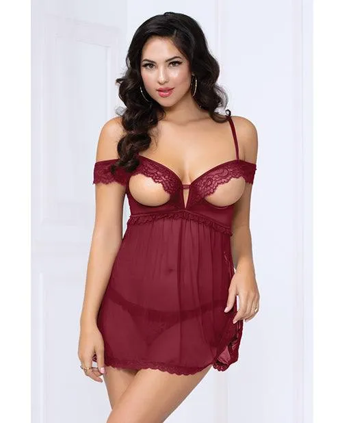 Seven til Midnight Costume Female Sex Toys Lace Mesh Open Cups Babydoll Wfly Away Back Panty Wine