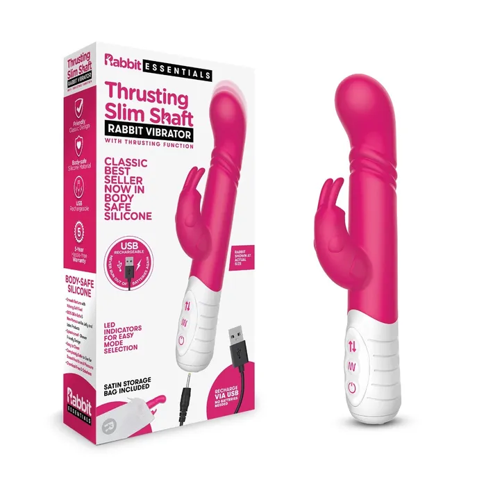Rabbit Essentials Vibrators Rabbit Essentials Thrusting Slim Shaft Rabbit Vibrator With Thrusting Function Hot Pink