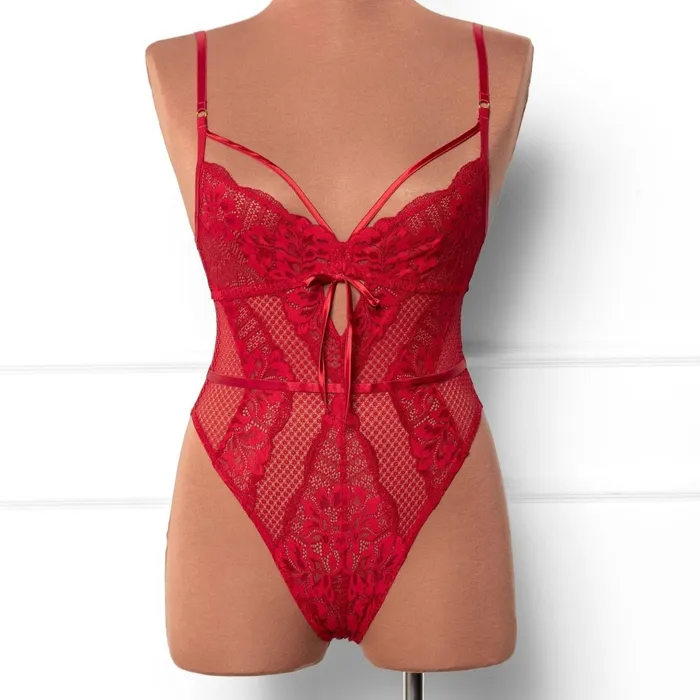 Vibrators Mentionables Lacy Caged Crotchless Teddy Red