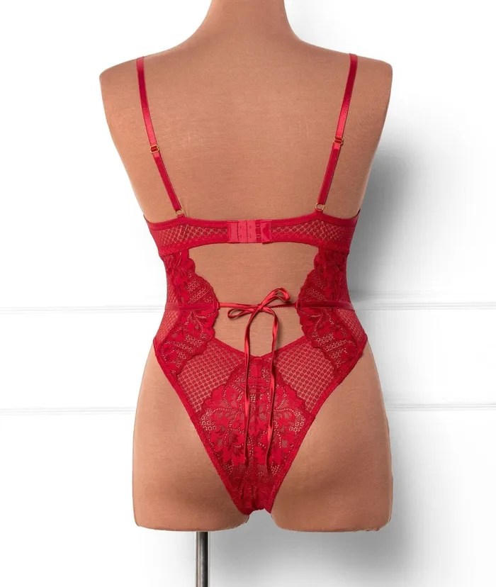 Vibrators Mentionables Lacy Caged Crotchless Teddy Red