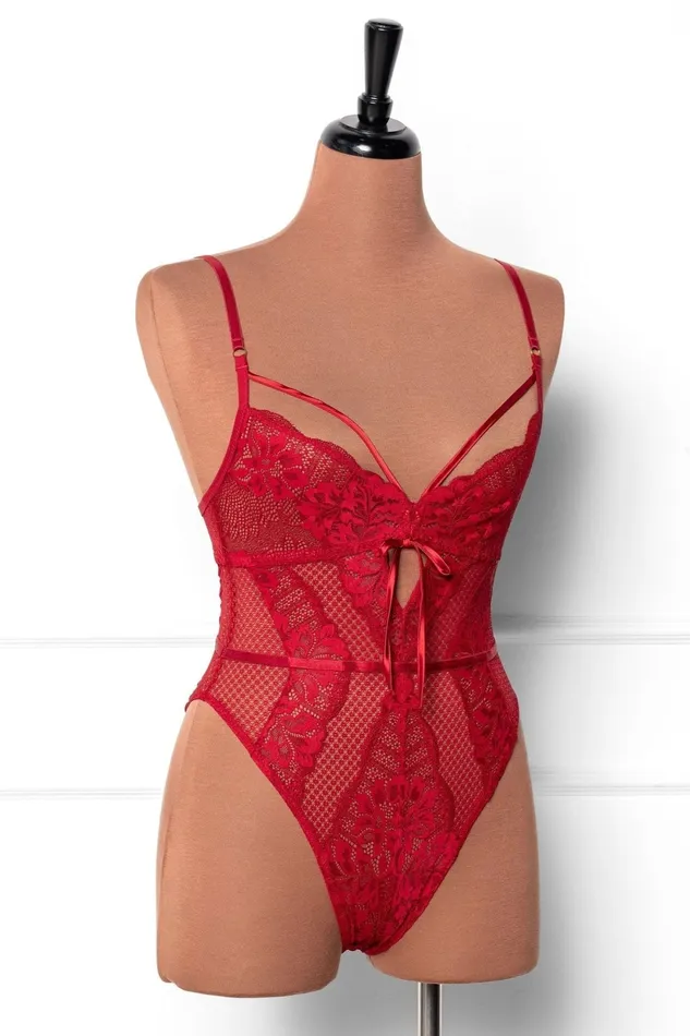 Vibrators Mentionables Lacy Caged Crotchless Teddy Red