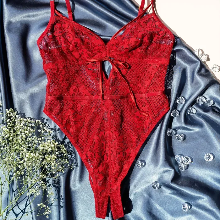 Vibrators Mentionables Lacy Caged Crotchless Teddy Red