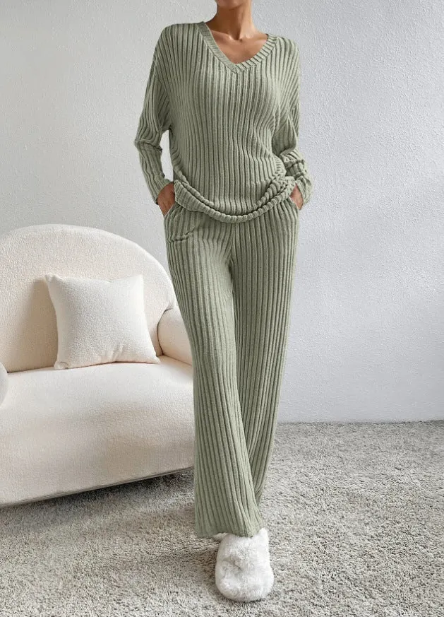 Female Sex Toys Fashion Solid Striped Suit Vneck Longsleeved Top And Casual Straight Pants Loose Temperament Womens Clothing cj