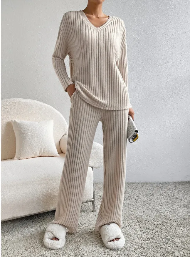 Female Sex Toys Fashion Solid Striped Suit Vneck Longsleeved Top And Casual Straight Pants Loose Temperament Womens Clothing cj