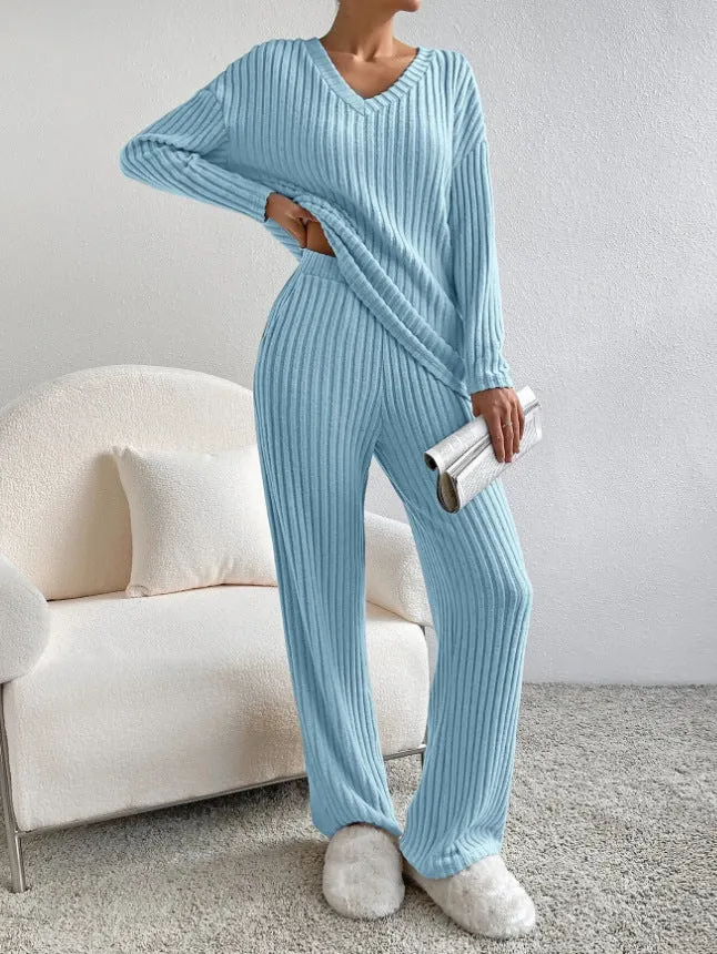 Female Sex Toys Fashion Solid Striped Suit Vneck Longsleeved Top And Casual Straight Pants Loose Temperament Womens Clothing cj