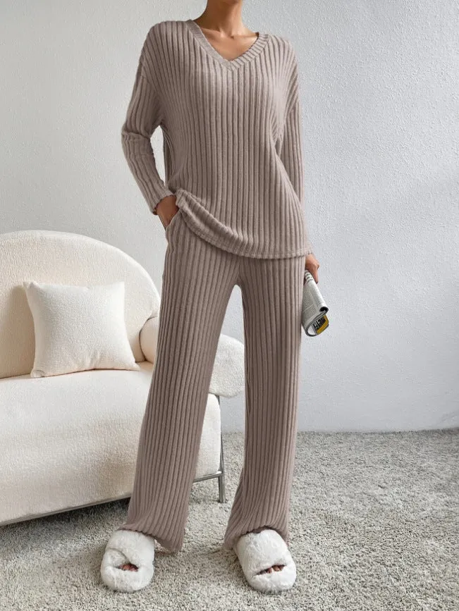 Female Sex Toys Fashion Solid Striped Suit Vneck Longsleeved Top And Casual Straight Pants Loose Temperament Womens Clothing cj
