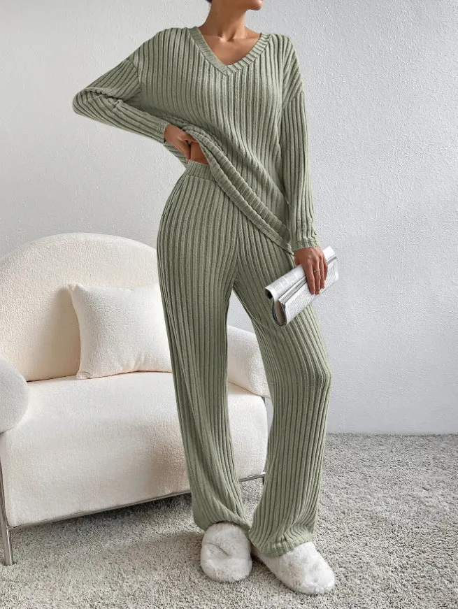 Female Sex Toys Fashion Solid Striped Suit Vneck Longsleeved Top And Casual Straight Pants Loose Temperament Womens Clothing cj