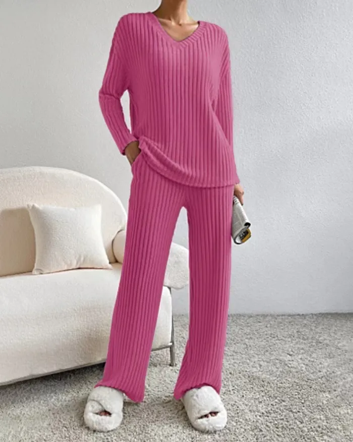 Female Sex Toys Fashion Solid Striped Suit Vneck Longsleeved Top And Casual Straight Pants Loose Temperament Womens Clothing cj