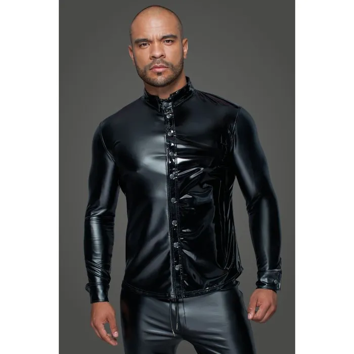 Powerwetlook PVC Long Sleeved Shirt w Button Placket Noir Female Sex Toys