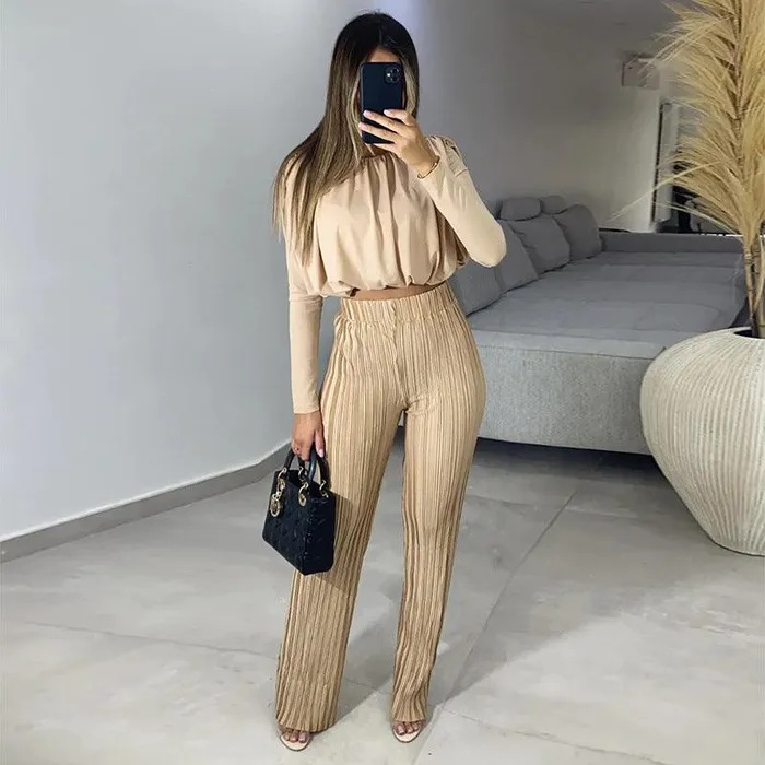 Womens Fashion Temperament Crew Neck Short Long Sleeve Underwear Blouse Casual Trousers Twopiece Set cj Male Sex Toys