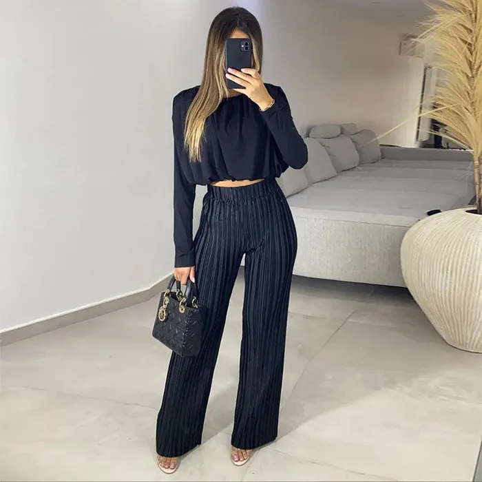 Womens Fashion Temperament Crew Neck Short Long Sleeve Underwear Blouse Casual Trousers Twopiece Set cj Male Sex Toys